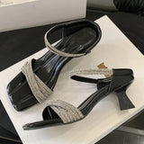 Bonnyshow  CRYSTAL Diamond Narrow Band Square Toe Women Slippers Fashion Thin Low Heels Sandals Ladies Summer Shoes