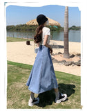 Bonnyshow  Casual Soft Solid Women's Female Versatile Long Pleated A-line Half-body Denim Skirt Dress Maxi Slim Grace