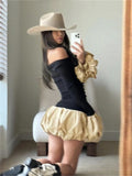 Bonnyshow Color Block Ball Gown Mini Dress Women's Off Shoulder Long Sleeve Slim Versatile Puffy Short Dress Tutu Skirt Streetwear