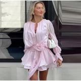Bonnyshow  Beach 3d Flower Ruffle Women Dress Fashion Lace Up V-neck Flared Sleeve Female Dresses 2025 Summer Street Pink Lady Robe