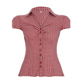 Bonnyshow  Plaid Print Retro Casual Blouses Fold Button Basic Slim Sexy 90s Streetwear Clothings Aesthetic Y2k Summer Outfits