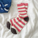 Bonnyshow Girls Striped Socks Spring Autumn Cotton Mid-tube Sock for Women Korean Style Sweat Absorption Sport Socks