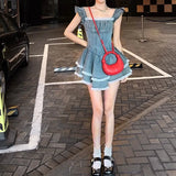 Bonnyshow Woman Slim A-Line Dress Sleeveless Denim Square Neck One-Piece Wash Dress Patchwork Elegant ChicTide Gyaru Kpop Aesthetics