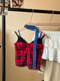 Bonnyshow  Summer Sweet Spice Girl Lace Outerwear Crop Top American Style Fake Two-piece Plaid Contrasting Color Sling Vest Women's