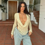 Bonnyshow Long Sleeve Tops for Women Fashion Hollow Out Draped Slim T-Shirts Autumn Winter Sexy Deep V-neck Holiday Club Crop Top