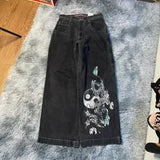 Bonnyshow Jeans New Harajuku Hip Hop Retro Skull Graphic Embroidered Baggy Jeans Denim Pants Men Women Goth High Waist Wide Trousers