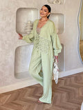 Bonnyshow  Casual Deep V-neck Shirt Long Pant Set Women Fashion Solid Flowers Lace Up Shirts Straight Pants Sets Lady 2025 Chic Streetwear