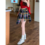 Bonnyshow Korean High Waist Lace-up Sexy Irregular Mini Skirt Women 2024 Summer New Streetwear Contrast Color Plaid Casual A-Line Skirt