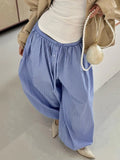 Bonnyshow  Streetwear Blue Striped Print Casual Pants Elastic Low Rise Loose Trousers y2k Aesthetic Korean Style Hippie Trousers