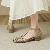 Bonnyshow  Shoes Female Sandal 2025 Women's Girls Beige New Summer Comfort Low Retro Flat Back Strap Square Heel Rubber PU Scandals Solid