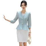  Bonnyshow  Women Formal 2 Pieces Set  New Fashion Lantern Sleeve Jacket + White Dress Suit Office Ladies Business Blazers Skirt Set