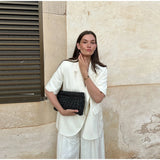 Bonnyshow  Chic One Button Women's Blazer Coat Elegant Laple Short Sleeve Shoulder Pad Pockets Jacket Female Summer Lady Commute Outwears