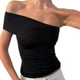 Bonnyshow  Daily Slanted Shoulders t-Shirts Women Folds Skinny Elegant Temperament Summer Trend Commute Versatile Solid Classic Top