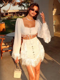 Bonnyshow  Chic Lace Up Shirt Tassels Mini Skirt Set Lady Retro Square Collar Full Sleeve Shirts A-lined Skirts Sets Women 2025 Outfits