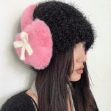 Bonnyshow Women Bow Knot EarMuffs Kawaii Heart Fluffy Ear Muffs Cold Protection Women Ear Cover Thickened Plush Japanese JK Girls Earplugs
