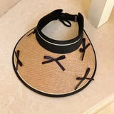 Bonnyshow Summer Bow Kont Straw Hat Woven Open-top with Large Brim Straw Hat Women's UV Sunscreen Hat for Beach Holiday Korean Y2k Cap