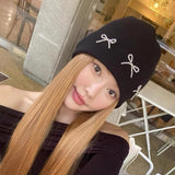 Bonnyshow Solid Color Bow Knitted Hat Women Korean Y2K Girls Beanie Cap Autumn Winter Warm Female Ear Protection Hats Gorras