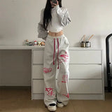 Bonnyshow Retro streetwear graffiti pants Hip hop baggy sweatpants versatile straight leg trousers wide leg drawstring slacks Y2K pants