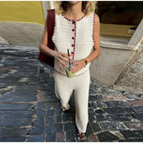 Bonnyshow  Casual Pants Set Women Contrast Knitted Vest 2piece Set Round Neck Sleeveless Waistcoat Cardigan High-waisted Trousers Summer