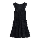 Bonnyshow  BOHO Summer White Black Wood ears Ruffles V neck Sleeveless Dress Women Loose Cascade A-lined Hem Short Dresses Summr Robe