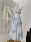 Bonnyshow  Summer French Blue Pink Flower Slim Backless Slip Long Dress Women Vintage Elegant Sexy Sleeveless High Waist Party Dress Ladies