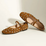 Bonnyshow  Sexy Rivet Rhinestones Ballet Flats Woman Round Toe Buckle Strap Mary Jane Shoes Low Heels Party Wedding Casual Flat Sandals