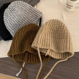 Bonnyshow Winter Wool Bucket Hat for Women Warm Knitted Ear Protection Cap Korean Solid Color Coldproof Crochet Fisherman Hats