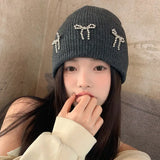 Bonnyshow Korean Bow Beanie Cap for Women Y2K Winter Warm Knitted Wool Hat Solid Color Female Ear Protection Hats Bonnet