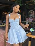 Bonnyshow  Women Solid Pleated High Waist Pleated Mini Dress Sexy Backless Sleeveless Bodycon Lace-up Dresses Summer Street Party Robes