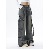 Bonnyshow Women Blue Jeans Cargo Pants Streetwear High Waist American Wide Leg Pants Fashion Y2K Style Female Winter Straight Trousers