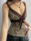 Bonnyshow Contrast Patchwork Leopard Print Slim Asymmetrical Tank Vest Female V Neck Y2K Summer Camisole Tops