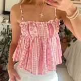 Bonnyshow  Women Y2k Peplum Tank Top Boho Beach Spaghetti Strap Camisole Aesthetic Frill Trim Shirts Graphic Print Crop Tops