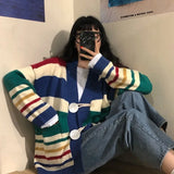 Bonnyshow  Korean Lazy Wind Rainbow Baggy Cardigans Women Vintage Classic V-Neck Pockets Students Autumn Knitted Cozy Leisure Sweaters