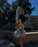 Bonnyshow  Retro Printed Ruffles Tube Mini Dresses Women Elegant Sleeveless Puffy Print Waist-cinching Dress Female 2025 Summer Chic Street