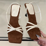 Bonnyshow  New Design Narrow Band Women Sandals Summer Square Open Toe Thin Heels Party Dress Slip-on Ladies Shoes