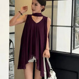 Bonnyshow  Summer French Pleated V-Neck Sleeveless Shirt With Hanging Tops Korean Fashion Elegant Solid Blouse Stylish Casual Party Shirt