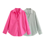 Bonnyshow  Summer New Women's Wear Versatile European and American Style Stripe Basic Poplin Shirt