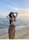 Bonnyshow  Fashion Women's Summer Brown V Neck Backless Halter Bandage Vest Tops And High Waisted Irregular Long Half Skirt Two Piece Sets