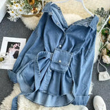 Bonnyshow Women's Denim Shirt Dress Straps Waist Thin Single-breasted Pockets Jacket Cowboy Blouses Belted Cardigan A-Line Dress Vestido