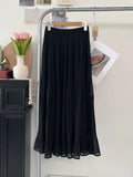 Bonnyshow  French Elegance Women Midi Skirts Y2K Summer Streetwear Patchwork A Line Pleated Skirts High Waist Loose All-Match Long Skirts