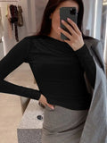 Bonnyshow Long Sleeve Top White T-Shirts Women Basic Crop Top Autumn Pollover Solid Skew Neck T Shirt Streetwear Basic Black Y2K Tees