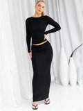 Bonnyshow  Long Sleeve Casual Female 2 Piece-Set Slim High Waist Long Skirt And Crop top Outfits Solid Patchwork Maxi Skirt Sets