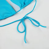 Bonnyshow  Sexy Solid Beach Halter Neck Suit Bodycon Vintage Harajuku Blue Drawstring Elastic Set Slim Vacation Bikini Set