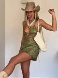 Bonnyshow  Sexy Sequined Lace Up Skirt Set Women Halter V-neck Sleeveless Solid Crop Tops Low Waist Mini Skirts 2025 Summer Beach Lady Sets