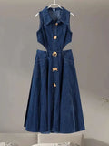 Bonnyshow  Lapel Hollowed Out Women Jeans Dresses Sexy Stand Collar Metal Button Open Waist Sleeveless Split Spring Autumn Lady Denim Dress