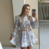 Bonnyshow  Elegant Women Print Short Dress With Belt Lapel Sleeveless Pleated Vestidos 2025 Summer Elegant Female Vacation Party Dresses