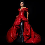 Bonnyshow Stylished Shiny Red Asymmetrical Evening Dresses Long Bubble Women Formal Party Dress Lace Up BacK Sexy Maxi Gowns