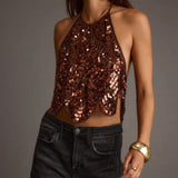Bonnyshow  Womens Halter Sequin Tank Top Backless Tie Up Sexy Sparkly Crop Top Sleeveless Glitter Party Tops Sexy Clubwear