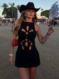 Bonnyshow  Fashion Solid Hollow Out Mini Dress for Women O-neck Sleeveless Wrap Hip Female Slim Dresses Summer New Party Lady Robes
