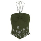 Bonnyshow  Fashion Flora Print Irregular Slim Fit Women Halter Tops Simple Causal Retro Knitted Ruched Beading Blouses